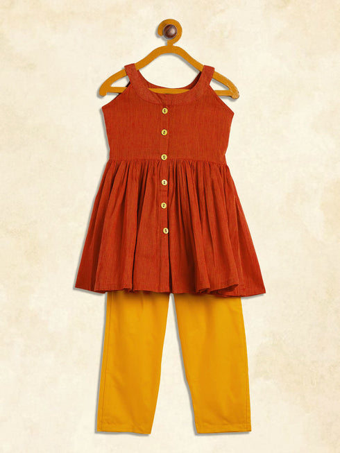 Vastramay SISHU Girl's Red Striped Handloom Kurta With Yellow Pyjama Set
